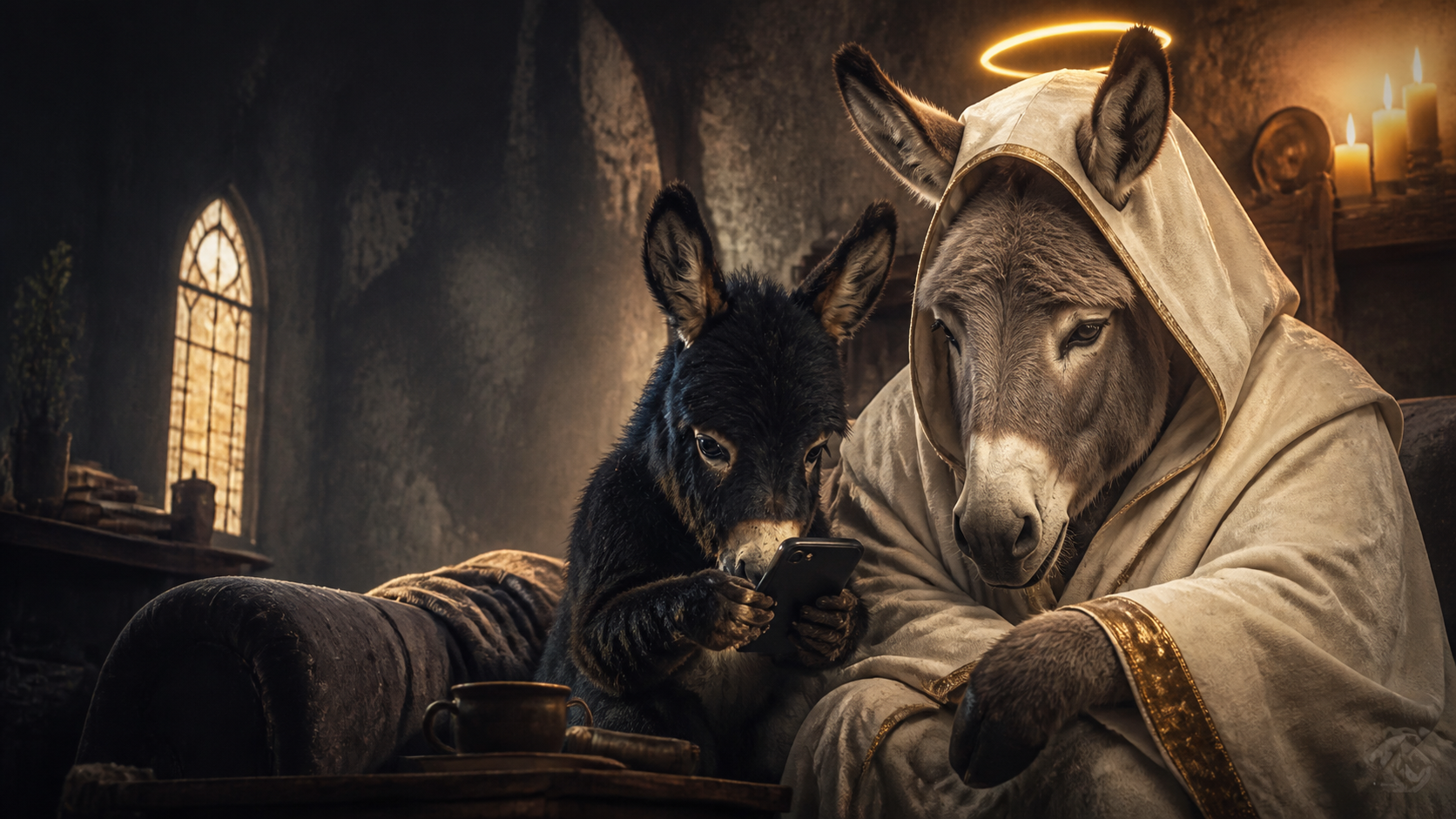 Saint donkey and little donkey studying a phone together